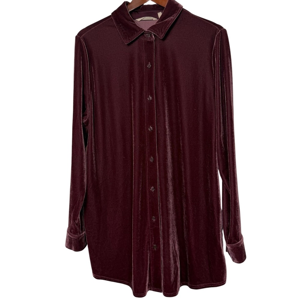 Soft Surroundings Burgundy Velvet Button Down Tunic Shirt‎ Womens Large 2FW39